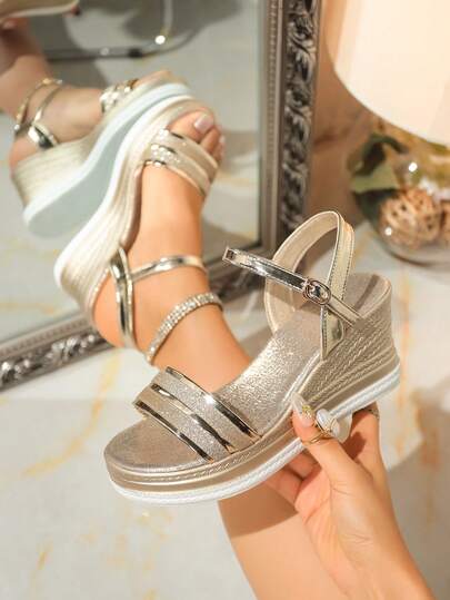 Summer Thick-Sole Sandals For Teenagers, Woven Strap Design, Roman-Style Platform Heel, Gold Strap Decor, Bohemian Style, Open Toe, Elastic Ankle Strap, Breathable & Comfortable, Casual Elegant Flat Sandals