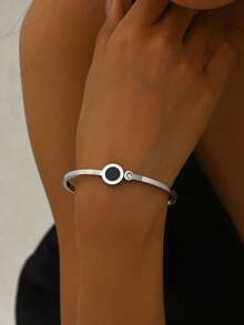 1pc Rhinestone Decorated Adjustable Roman Style Swing Open Titanium Steel Bracelet, Gift Idea For Girlfriend/Best Friend - Silver - View 10