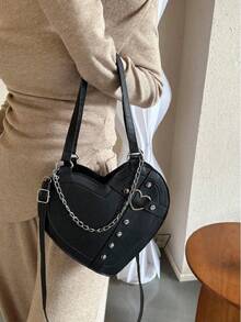 Geantă de umăr/geantă crossbody în formă de inimă cu decor în stil punk, geantă gotică Y2K dulce și cool, esențială pentru festivaluri de muzică, geantă de mână pentru femei în stil rock - Negru - Vizualizare 5