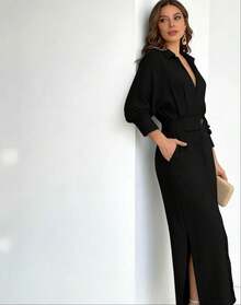 Women's Long Dress With Lapel - Elegant Long Sleeve In Solid Color - 黑色 - 查看 1