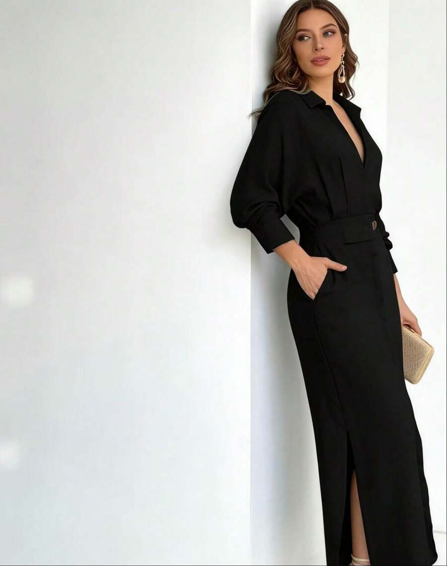 Women's Long Dress With Lapel - Elegant Long Sleeve In Solid Color - 黑色 - 查看 1