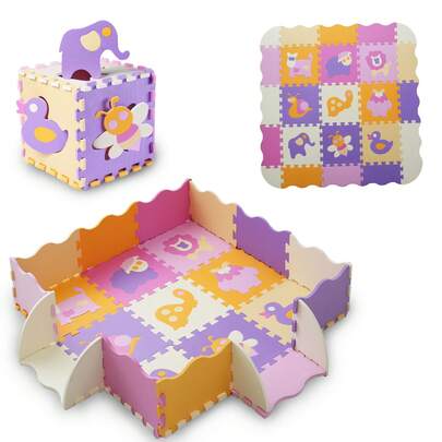25Pcs/Set Square Interlocking Puzzle Floor Mat Foam Play Mat With Fence For Kids Random Color