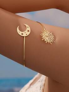 1pc Fashionable Minimalist Sun & Moon Design Bracelet, Gift For Women - Gold - View 6