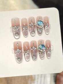 10 piezas Uñas postizas ovaladas largas hechas a mano para fiestas y uso diario, uñas rosas, con brillo, brillantes y deslumbrantes, fáciles de usar. 10 piezas de uñas postizas hechas a mano estilo Y2K, adecuadas para festivales, fiestas y uso diario de niñas y mujeres - Rosa Pálido - Ver 8