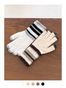 1 paire de gants tactiles arc-en-ciel doublés de thermique, moufles tricotées chaudes à cinq doigts pour femmes, automne/hiver, convient pour le cyclisme, la conduite, la moto - Gants en polaire à rayures colorées - Voir 3