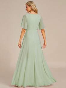 V-Neck Embroidered Ruffle Sleeve Pleated Chiffon Bridesmaid Dress, Formal Dress, Wedding Guest Dress - Mint Green - View 4