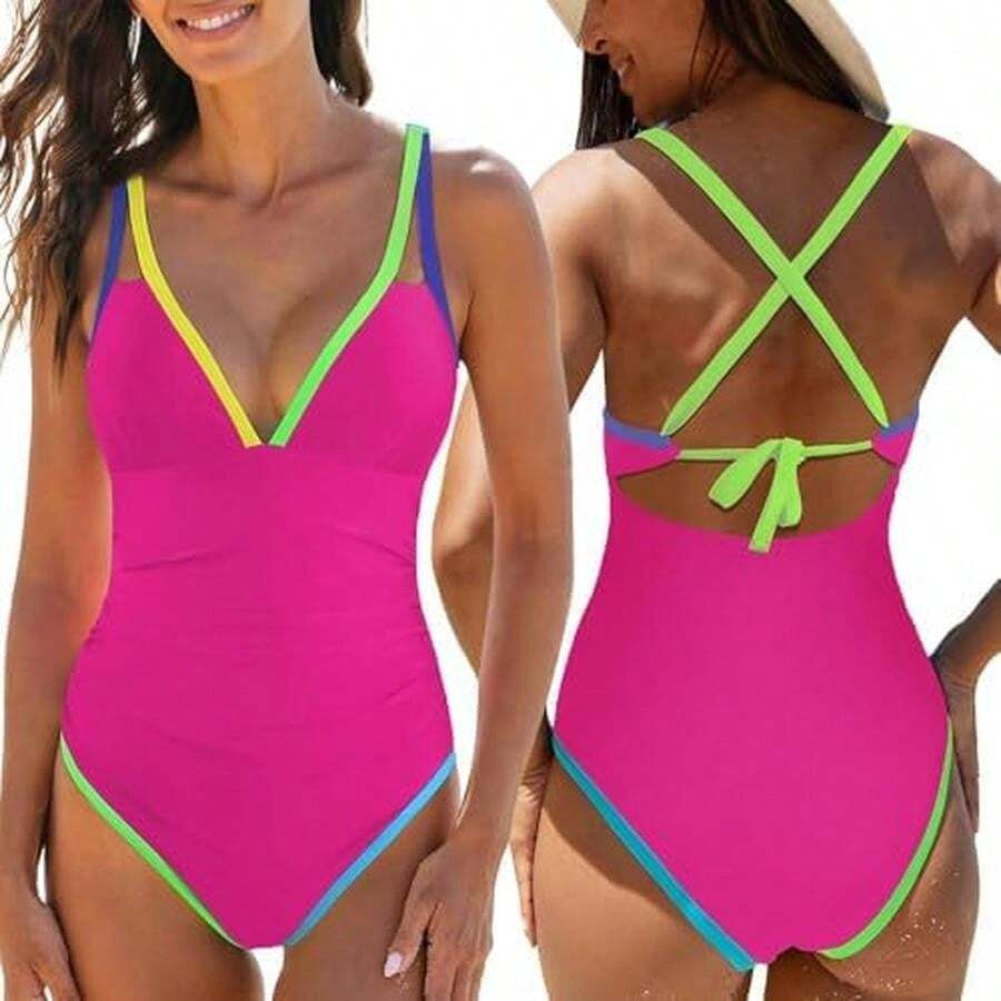 AUTOWT Trajes de Baño de una Pieza para Mujer, Trajes Baño Control Abdomen con Bloques Color Neón, Cuello en V Profundo para Nadar Surf Buceo Natación y Vacaciones en la Playa - Fucsia-M - Ver 1