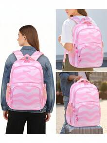 1 pieza Mochila con bolsillos de diseño ondulado, mochila casual multifuncional adecuada para uso diario, viajes, escuela, compras, visitas y universidad - A - Ver 7