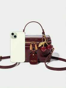 Niche Design Fashion Handbag, Retro Exquisite Elegant Elegant Versatile Crossbody Bag, Personalized Bell Pendant Ladies Box Bag, Suitable For Work Commute, Dates, Shopping, Parties And Other Occasions - Burgundy - View 5