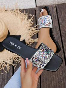 Summer Black Base Colorful Rhinestone Floral Pattern Sandals, Retro Exotic Style, Luxurious Outdoor Wear Flat Slippers - Black - View 2