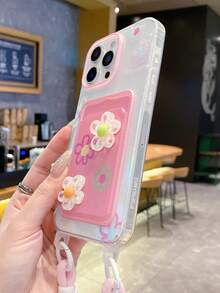 花卉图案卡包手机壳，带挂绳，防震全包保护套，兼容 11/12/13/14/15/16/17 Pro Max，少女风设计 - 粉色 - 查看 7