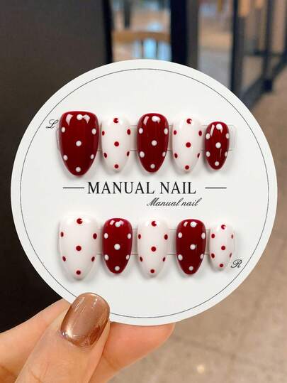 JUTI 10片/包 100%纯手工手绘杏仁形美甲贴纸 | 酒红色和白色波点设计，时尚复古甜美美甲 | 可重复使用，适合日常、休闲、派对美甲用品 手工按压式美甲贴片
