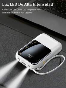 Mini Cargador Portátil Rápido de 20000Mah 5V2A, Cargador de Teléfono Multifuncional de Alta Capacidad, Cable Desmontable 4 en 1, Luces LED Ultra Brillantes, Batería Esencial para Viajes, Pantalla Inteligente Digital, USB-C - Blanco - Ver 6