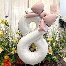 2个大号白色数字气球0-9，配粉色蝴蝶结铝箔气球套装，适用于生日派对、聚会装饰、周年纪念、节日庆典、户外派对、氛围营造、照片装饰气球供应。周年纪念、户外派对装饰、装饰气球、时尚派对装饰、可重复使用装饰、优质铝箔、庆典气球、照片背景、派对组织者、活动策划者