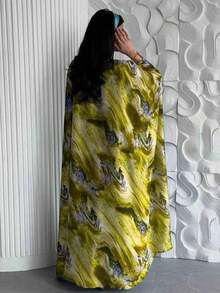 一件纯色女士长袖蝴蝶袖中东连衣裙 Abaya 度假春季 - 金色 - 查看 4