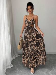 Women's Printed Midi Dress With Shaping Waist, Versatile For Vacation, Work, And Everyday Wear - Màu Khaki - Xem 4