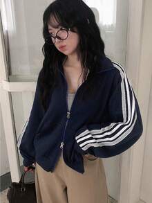 女士休闲百搭宽松长袖立领外套 - 藏蓝色 - 查看 5