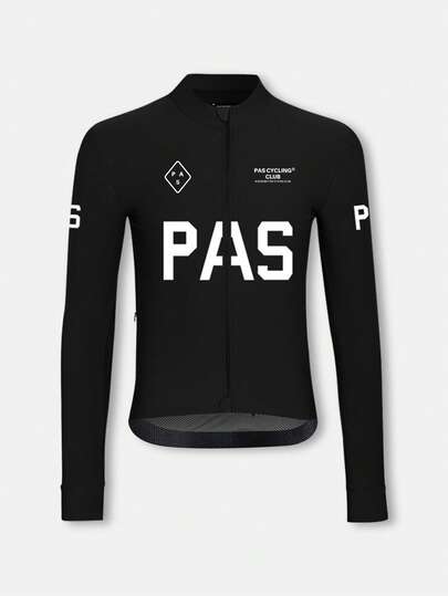PAS CYCLING (Slim Fit) Unisex Cycling Jersey, Breathable Quick-Dry, Stand Collar Long Sleeve Design, Suitable For Mountain Biking And Road Cycling, UV Protection, 3 Pockets And 1 Zipper Pocket, PAS Letter Print Comfortable Road Bike Cycling Wear