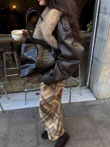 山茶花新款秋冬女装欧美风简约百搭可拆卸领仿皮夹克