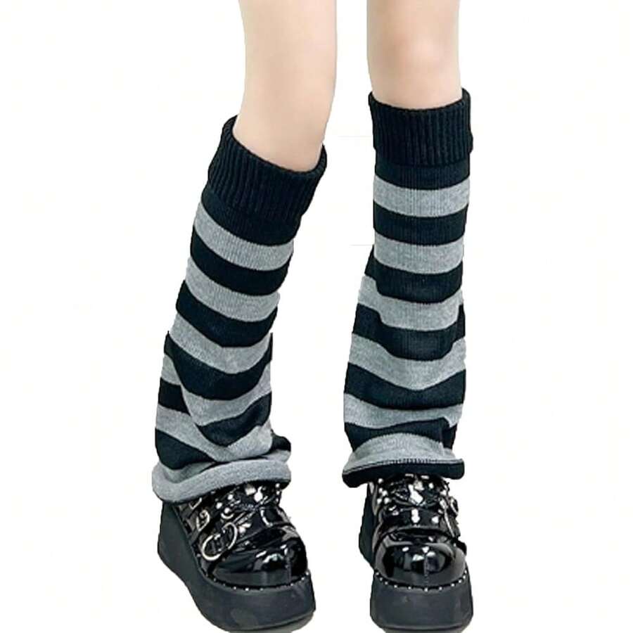 Women's Y2K 80s Leg Warmers Socks Rib Knit Boot Socks,OneSize,BlackGrey - Black Grey - View 1