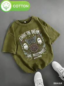 Women's Retro Gothic Halloween T-Shirt - Fantasy Ghost Pattern Short Sleeve Shirt - Black Retro Top With Ghosts, Roses, And Nightmare Quotes - Lightweight Summer Theme Party Casual Wear, Fun Aesthetics, Breathable Fabric, Unique Fashion, Alternative  - Unisex Plus Size Top - 橄欖綠 - 查看 1