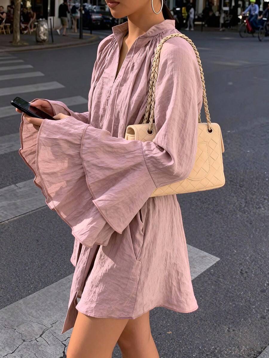 Women Spring Summer Casual Elegant Ruffled Flared Sleeve Design Top,Pink Top,Pink Mini Dress,Suitable For Party,Daily,Beach,Vacation,Valentine's Day,Carnival,New Year Outfits - Pink - View 1