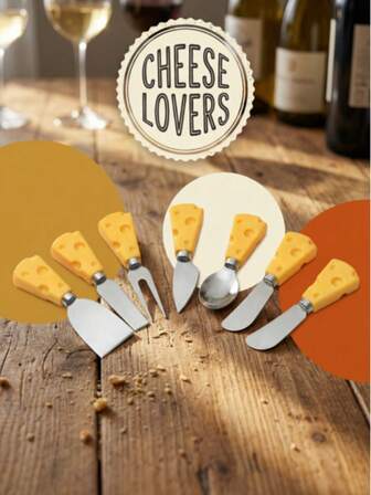 创意奶酪刀和奶酪刀七件套，防锈、耐用、易清洁且不粘，适用于奶酪切片/早餐奶酪搭配/甜点装饰，奶酪形状手柄奶酪刀，多功能奶酪刀套装。