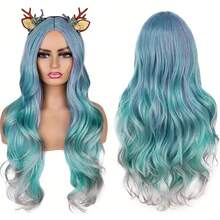 Tóc giả dài gợn sóng dành cho nữ - 28 inch, màu ombre xanh ngọc, xám, xanh lá cây - Kiểu sóng nhẹ, sợi chịu nhiệt cao - Màu xanh ombre - Xem 4