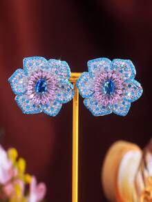 一对蓝绿色和粉色立方氧化锆大花朵造型耳环，女士奢华大胆订婚婚礼宴会珠宝 - 綠松石色 - 查看 6