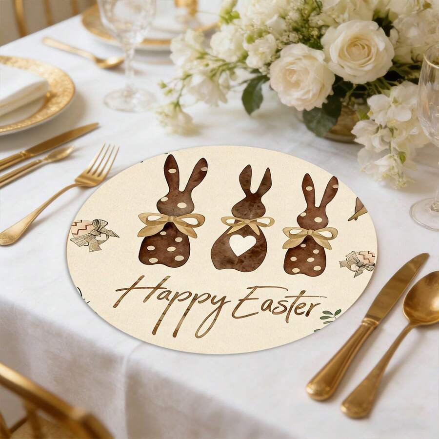 1/2/4/6/8/300pcs Luxury Round Placemat Set, Featuring Cartoon Easter Bunny And Grassland Patterns, Size: 15*15 Inches/38*38cm. Multiple Patterns Available, All Suitable For Easter Dining And Home Decor.