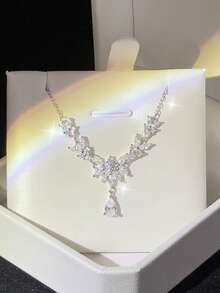 1pc Elegant Wheat Ear Necklace For Women, Teardrop Zirconia Pendant Necklace, Choker Necklace Gift