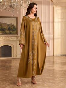 Casual Loose Long Robe Rhinestone Print Long Sleeve Round Neck Elegant Robe - Brown - View 5