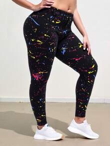 大码女式黑色打底裤，饰有彩色泼墨印花，休闲时尚，适合户外运动、健身、瑜伽、购物、旅行、散步，九分裤长，春季款 - 黑色 - 查看 2
