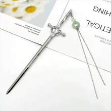 1pc Ladies' Silver Sword-Shaped Hair Pin With Jade Pendant, Simple And Stylish Hair Accessory Street Casual, Devil Accessories Hair Bun Hair Bun Maker Bun Hair Piece Hair Styling Pins, School Stuff, Hair Accessories - 銀色 - 查看 4