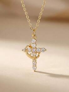 1pc 18K Gold Plated Stainless Steel Women's Delicate Crown Cross Necklace, Inlaid With Cubic Zirconia, Titanium Steel Choker, Love Gift, Religious Jewelry, Valentine's Day Gift For Her - Multicolor - View 7