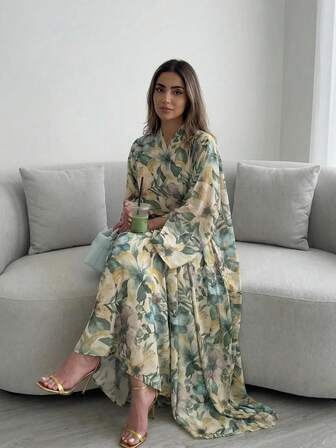 2 pièces Abaya robe imprimée élégante, manches fendues, inclut un foulard de tête, convient aux femmes, mettant en valeur l'élégance gracieuse, à la mode et décontractée