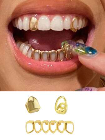 1 Set de Dientes Grillz de Metal Hueco y Sólido, Accesorios de Moda para Fiestas, Unisex, Regalo del Día de San Valentín