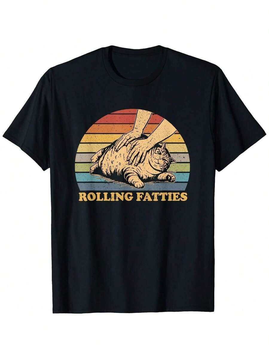 Cat Rolling Fatties Funny Vintage T-Shirt Gift For Dad Mom Daughter Coworker - Black - View 1