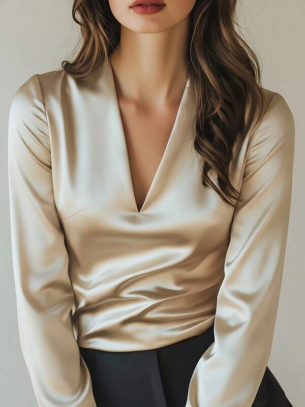 Blusa elegante de satén color albaricoque con cuello en V y manga larga, versátil y apropiada para ir a trabajar, primavera/otoño