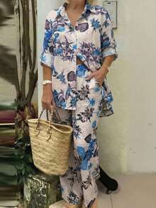Women's Vacation Casual Floral Print Collared Shirt And Pants Set Spring - Blue - View 2