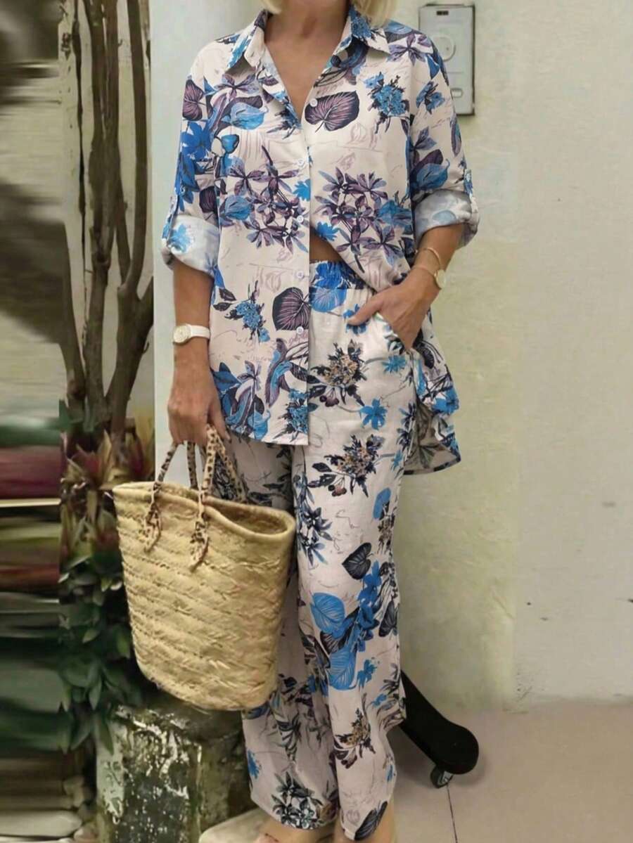 Women's Vacation Casual Floral Print Collared Shirt And Pants Set Spring