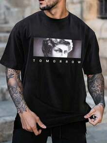 Hombres Camiseta con estampado de figura y letra - Negro - Ver 1