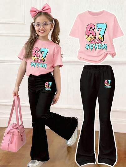 Young Girl Numeric Print Short Sleeve T-Shirt And Skinny Flared Pants Casual Outfit