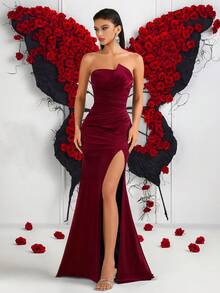 女士优雅抹胸褶皱高腰高开衩露背系带及地长裙，适合舞会、婚礼宾客、舞会、返校节、约会之夜、正式晚宴、生日派对、节日派对、家庭聚会等场合。 - 酒紅色 - 查看 6