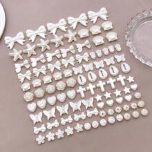 100 piezas/paquete Cuentas de ABS con acabado similar a la perla: Pétalos, Lirio del Valle y Lazos. Cuentas sueltas florales lindas para enhebrar y hacer joyas DIY. - Blanco - Ver 10