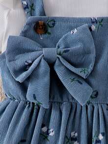 女婴三件套：纯色休闲荷叶袖T恤上衣、碎花连衣裙和蝴蝶结发带 - 藍色 - 查看 6