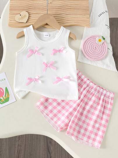 2件套女婴休闲甜美短袖套装，纯色蝴蝶结装饰无袖上衣+撞色格纹舒适短裤，夏季