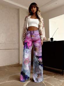 Women'S High-Waisted Vintage Western Floral Print Wide-Leg Trousers - Pink & Purple Blooms Stretch Denim-Like Pants, Loose-Fit Flared Bell-Bottoms With Beltless Design & Button Closure, Plus Size Friendly For Autumn/Winter Casual Outfits (No Belt In - Multicolor - View 4