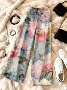 Women'S High-Waisted Stretch Jeans With 3D Floral Print (Pink & White Flowers) - Retro Loose-Fit Flare Leg, Long Length Winter Warmth, Beltless Design & Button Closure, Comfortable Washed Denim For Casual & Semi-Formal Outfits - Autumn/Winter Fashio - 彩色 - 查看 4