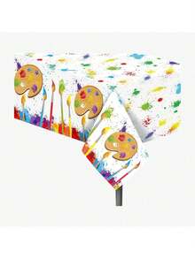 Estilo2Pcs Manteles de Fiesta de Arte Suministros para Fiestas de Cumpleaños Manchas Vibrantes de Pintura de Acuarela Salpicaduras Pinceladas Cubierta de Mesa Líquida Ideal para Cumpleaños de Arte/Fiesta de Pintura, 54 x 87 Pulgadas Versión Mejorada - 1 - Ver 2